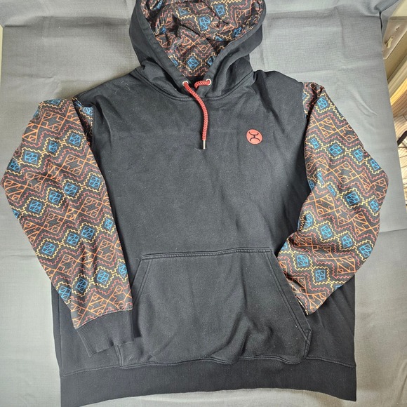 HOOey Mens XXL Black Hoodie Southwestern Sleeves Aztec Print Pullover - Picture 1 of 7